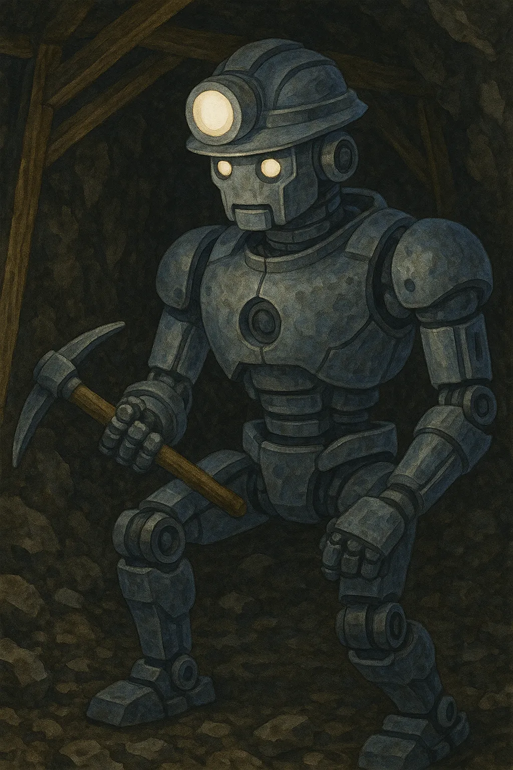 Humanoid robot with a pickaxe in a mine